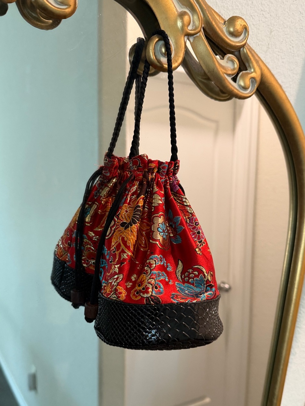 Red Floral Drawstring Bag with Black Trim